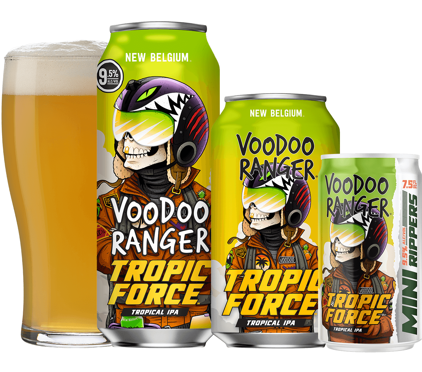 Tropic Force family, featuring filled pint glass, 19.2oz can, 12oz can, and 7.5oz mini ripper can