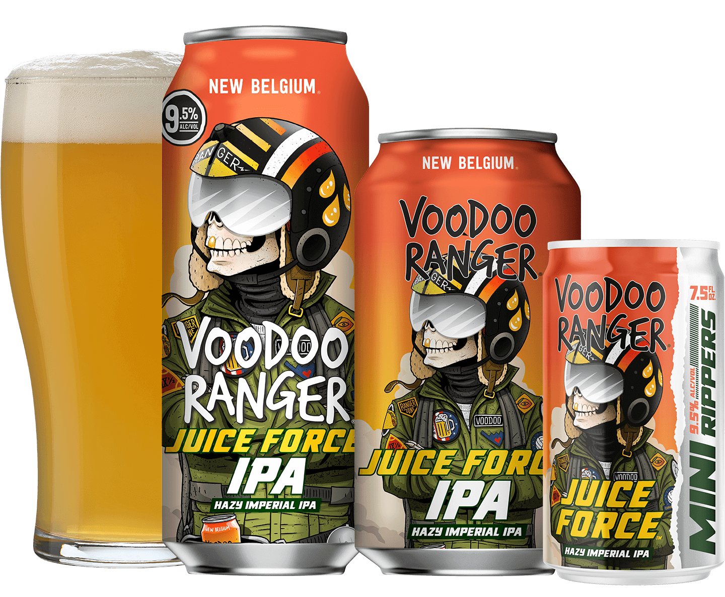 Juice Force family featuring a full pint glass, 19.2oz can, 12oz can, and 7.5oz Mini Ripper can