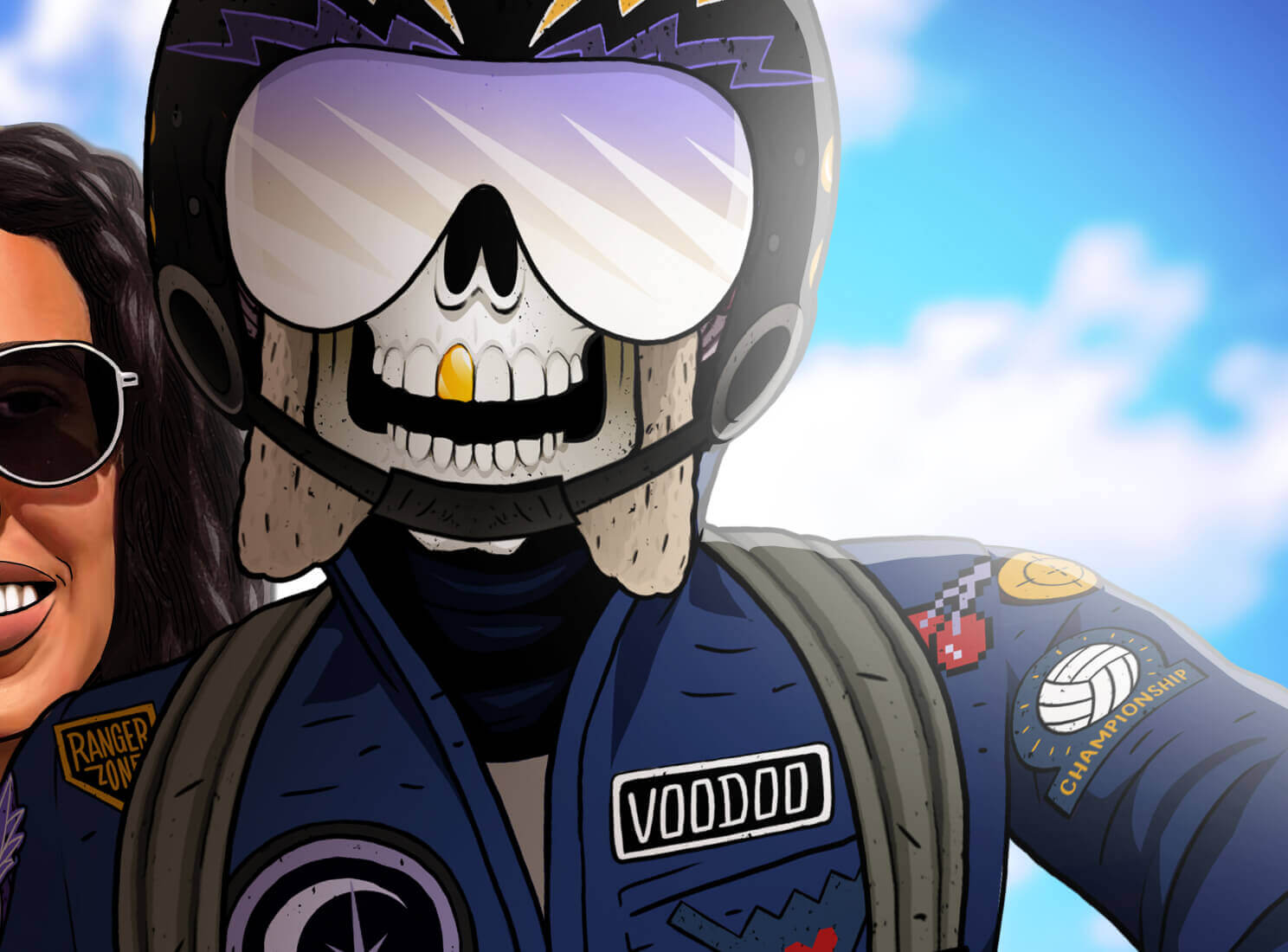 Voodoo skeleton in aviation gear next to woman